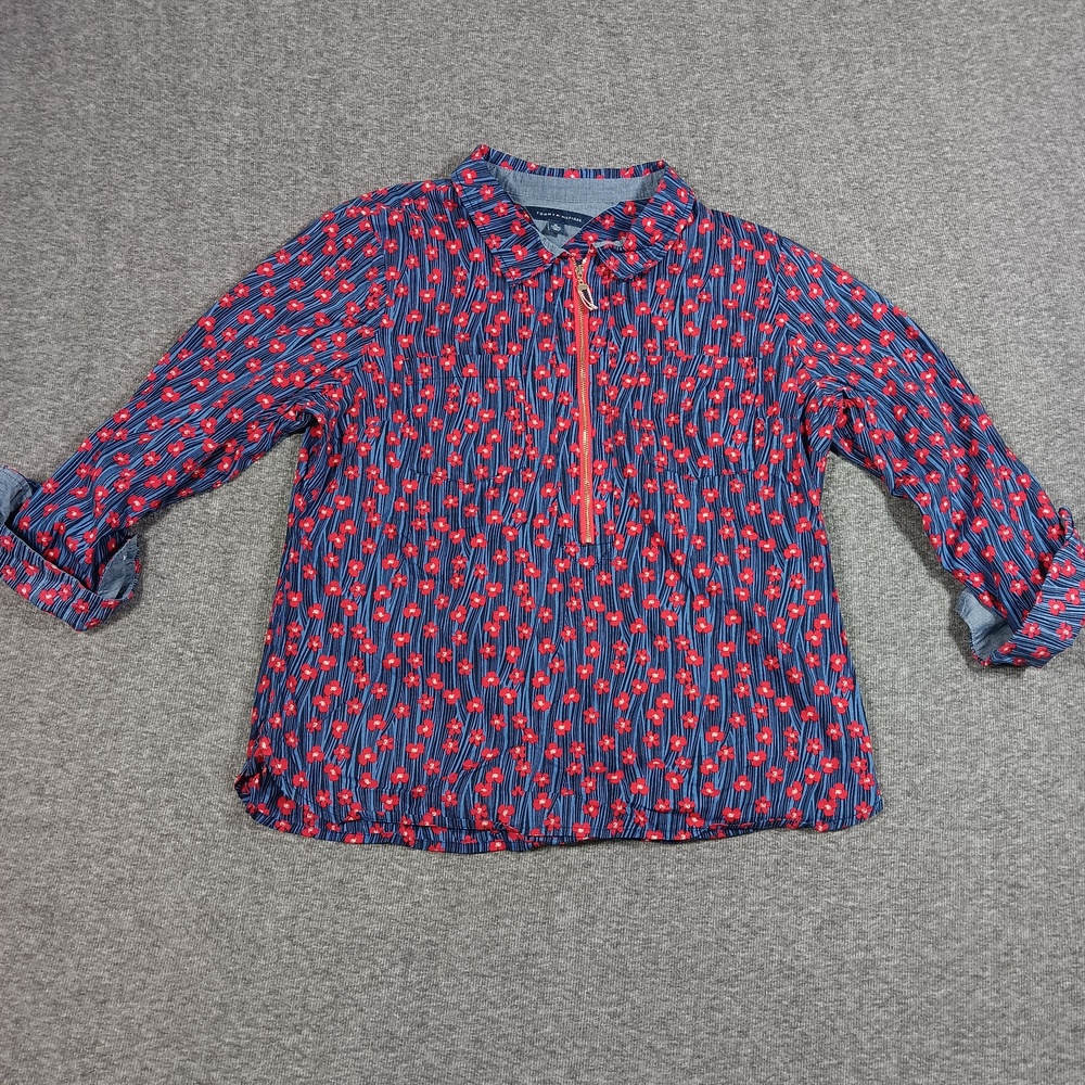 Tommy Hilfiger Shirt Womens XL Blue Red Floral Print Long Sleeve Half Zip Top